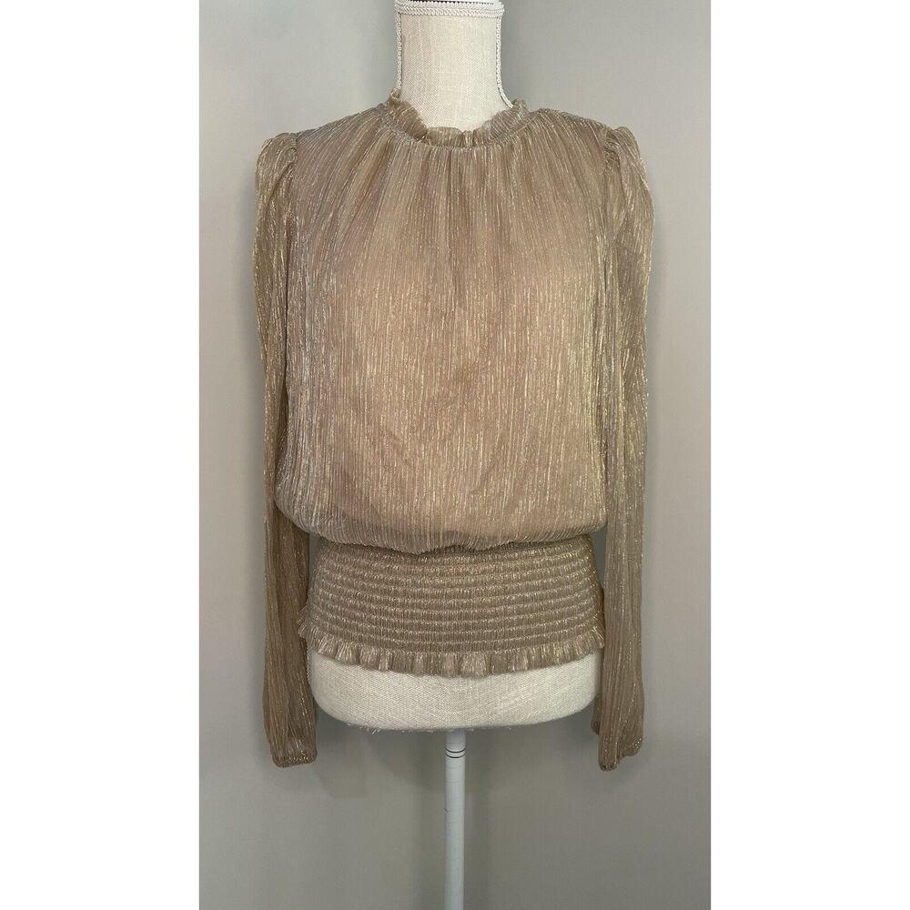 Joie Smocked Metallic Ruffle Sheer Long Sleeve Blouse 80s Retro Women's Size M